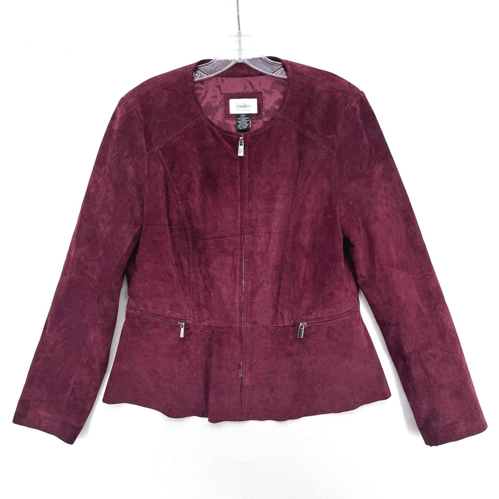 Neiman Marcus Suede Leather Jacket Peplum Womens L Burgundy Sophisticated Luxury